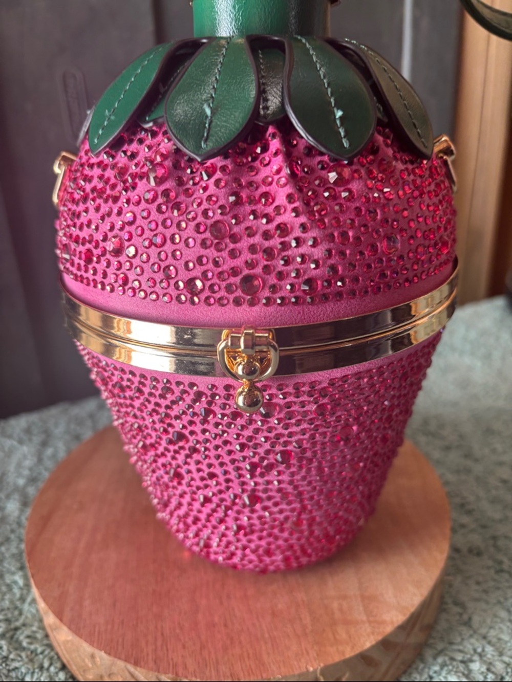 Crystal-Embellished Mini Strawberry Crossbody Bag in Fuchsia with Green Top